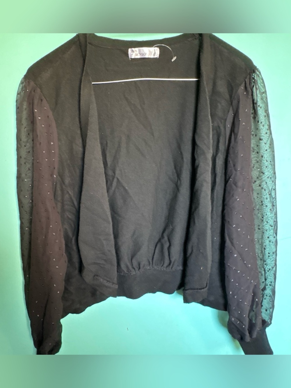 89th & Madison Black Open-Front Bomber Jacket with Embellished Sheer Sleeves